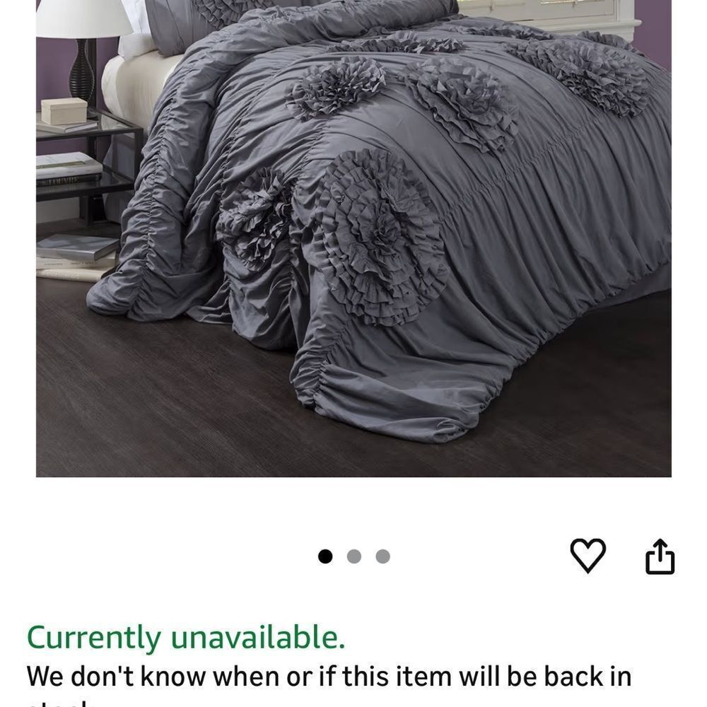Lush Decor 3 piece Elegant Gray Ruffled Bedding Set- comforter & 2 sham cases